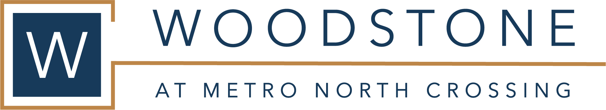 A logo with a large W and the words "Woodstone at Metro North Crossing" in front of it.